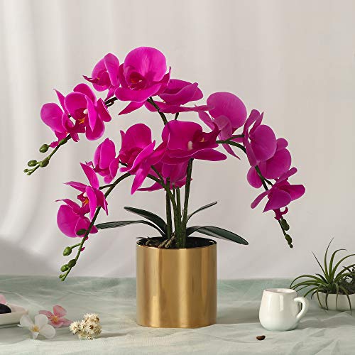 LESING Artificial Orchid Flower with Vase, White Orchid Bonsai Faux Orchid Phalaenopsis Plant Pot Arrangements for Home Decoration (Purple,Gold Vase) - color: Purple,gold Vase