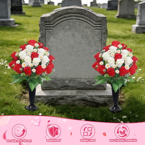 Wocst Artificial Cemetery Flowers for Grave Memorial Day Flowers for Cemetery,2Pack Artificial Silk Roses Daisy Bouquets with Cemetery Vases for Outdoor Grave Decorations ﻿ (Red White) - color: Red White