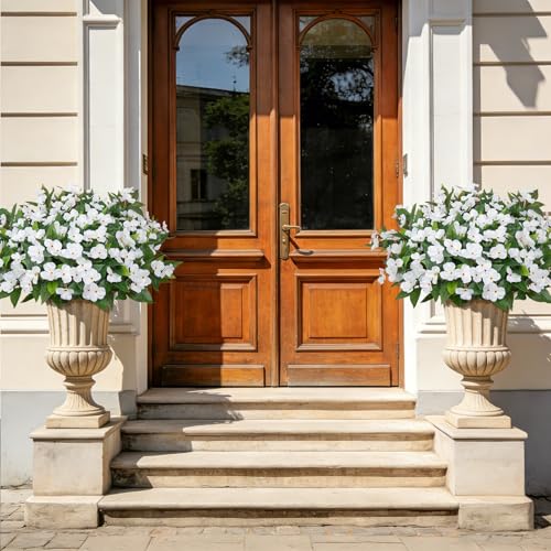 Artificial Flowers for Outdoors Decorations, 6 Bundles Realistic Impatiens Silk Faux Flowers UV Resistant Fake Plants for Outside Pot Patio Garden Porch Planters Window Box Balcony Indoor Home Decor - color: White