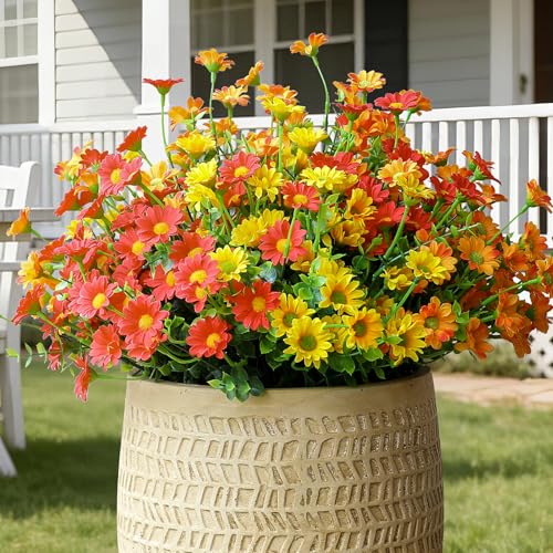 alyptus Faux Flowers Outdoor Artificial Flowers – 12 Bundles UV Resistant Fake Flowers for Spring Summer Planter Porch Patio Yard Garden Decoration(Red 5, Orange 5, Yellow 2) - color: Orang Red Yellow 12 Bundles