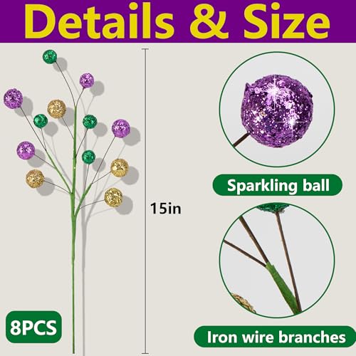 Watayo 8 Pack 15" Large Mardi Gras Ball Centerpiece Stems, Mardi Gras Artificial Glitter Berry Stems Ornaments, Shiny Purple Gold Green Berry Branches Twigs Picks Sprays for Carnival Party Home Decor - color: Purple Gold Green