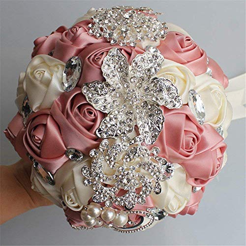 Wedding Bouquets Crystal Satin Rose Bride Bridal Bouquet Romantic Bridesmaid Holding Flower for Valentine's Day Confession Party Church Decor (Pale Pink Creamy) - color: Pale Pink Creamy