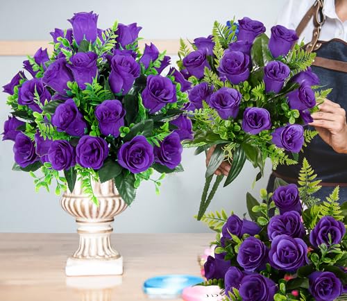 XONOR Artificial Rose Flowers - 4Bouquets Realistic Fake Silk Roses for Wedding Party Home Centerpieces Office DIY Cemetery Grave Decoration (Pack of 4, Purple) - color: Purple