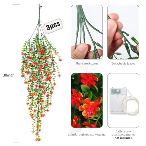 RECUTMS Artificial Plant, 3 Pack Hanging Plants with 30 LED Lights, 11.5in Eucalyptus, Orange Red, Indoor Outdoor Decoration - color: Orange Red, size: Hanging Plants With Lights