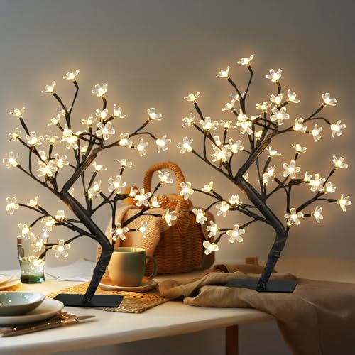 PEIDUO Set of 2 Lighted Cherry Blossom Tree, Light up Bonsai Tree for Christmas Decorations, Warm White Lights Plug in Adapter, Tabletop Night Light Artificial Tree for Indoor Bedroom Living Room - style: 2PK Cherry Blossom Tree