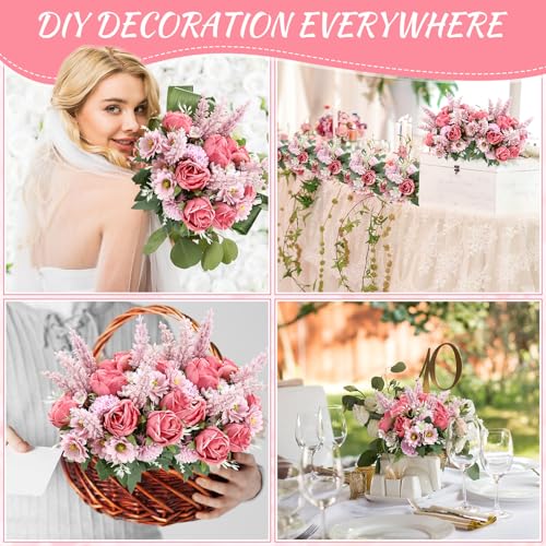 Zeyune 8 Pcs 13.4 Inch Artificial Flowers Bouquet Fake Silk Flowers Faux Bouquet Hydrangea Bouquets for Wedding Birthday Table Centerpieces Home Office Decoration (Rose,Bean Paste Pink) - color: Bean Paste Pink, size: Rose