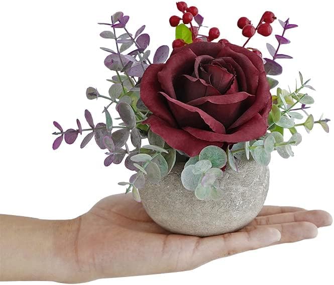 Small Artificial 2pcs Burgundy Rose Potted Plant, 6" Fake Silk Flowers in 3.5" Round Pot, Mini Faux Floral Arrangement for Desk Shelf Bathroom Decor - color: 2pcs Burgundy
