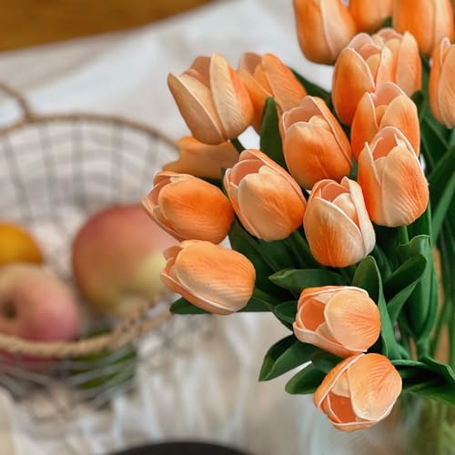 20PCS Artificial Tulip Flowers - 13.5" Real Touch Fake PU Tulips Bouquet Faux Spring Flowers (Champagne) - color: Champagne