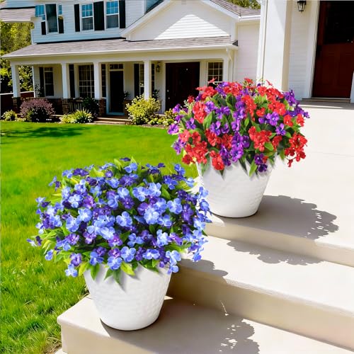 Artificial Impatiens Flowers for Outdoors, 6 Bundles Silk Fake Flowers for Spring Summer Decoration, UV Resistant Faux Plants Plastic Bouquet for Home Planter Porch Patio Yard Decor(Double Blue) - color: Double Blue