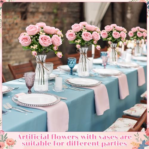 Thiccywoov 19 Pack Artificial Peony Flowers with Vase Bulk, 12 Bundles Faux Peony Bouquet 6 Vase with 1 Rope Silk Flower Arrangement Wedding Table Centerpiece for Wedding Bridal Shower(Light Pink) - color: Light Pink