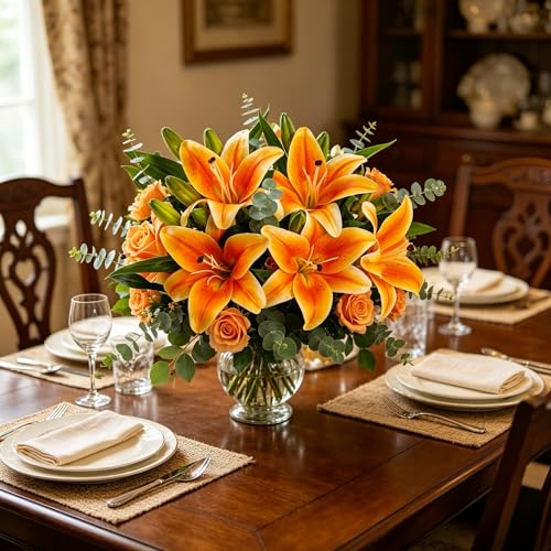 Kimura's Cabin 6Pcs Tiger Lilies Artificial Flowers Real Touch Lily with Stems Fake Flower Faux Lilies Bouquet for Wedding Floral Arrangements Easter Home Table Centerpiece Office Decor(Orange) - color: Orange Yellow