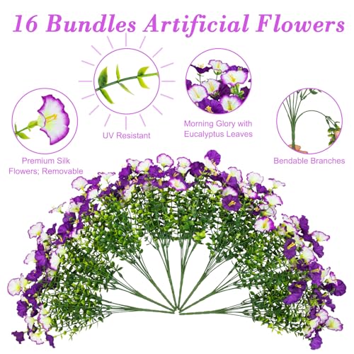 Artificial Flowers for Outdoors, 16 Bundles Mix Color Silk Faux Flowers Morning Glory UV Resistant Eucalyptus Plants Fake Petunias Plants for Porch Garden Planters Window Box Outside Indoor Decor - color: Purple Gradient Purple