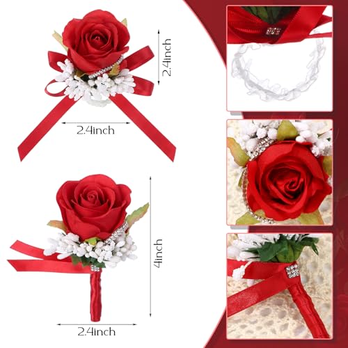 Geosar 20 Pcs Wedding Red Corsage and Boutonniere Set Homecoming Artificial Corsage Wristlet and Boutonniere for Men Women Bride Bridesmaid Wedding Flowers Accessories Prom Suit Decorations - color: Red