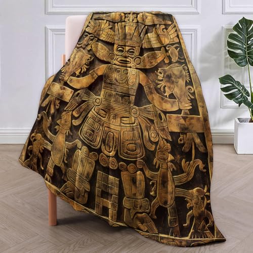 Ancient Tribal God Fleece Blanket Gifts, Exquisite Mayan Artwork Design, Soft Throw 40x50 inches, Historical Decor - Deep Gold and Black - color: Color447, size: 40"x50"