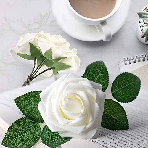 Higfra Artificial Flowers 25pcs Real Looking Fake Roses with Stems for DIY Wedding Bouquets Baby Shower Centerpieces Floral Arrangements Party Tables Home Decorations - color: Cream, size: 25Pcs