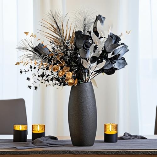 Luxurious Black and Gold Artificial Rose Bouquet, 17-Inch Metallic Eucalyptus Leaves and Faux Silk Flowers, Suitable for DIY Home Decoration, Modern Gothic Dining Table Centerpiece(Vase Not Included) - color: Gothic Black Gold - 2