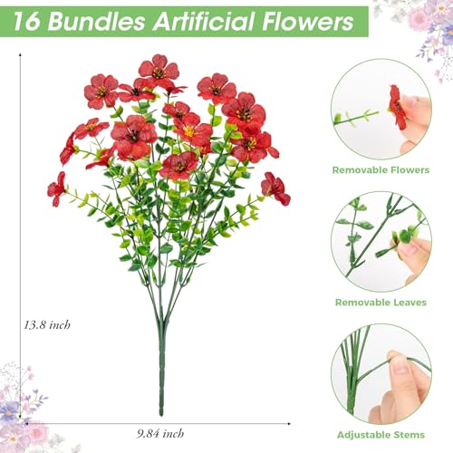 Bassion Artificial Flowers for Outdoors, 16 Bundles UV Resistant Fake Flowers Realistic Silk Faux Plants for Outdoor Planter Hanging Basket Window Box Porch Patio Garden Home Outside Decorations - color: Red