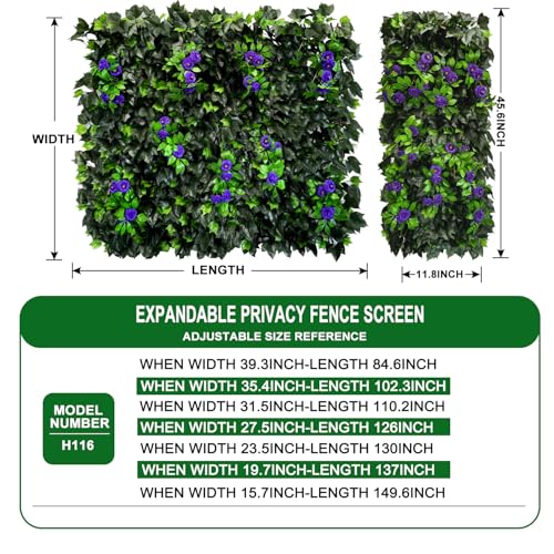 Artificial Expandable Ivy Privacy Fence Screen,Adjustable Size,Dense Leaf Panel,Perfect for Balcony,Garden,Fence Cover and Green Wall Decoration - color: BRANCH-PURPLE FLOWER