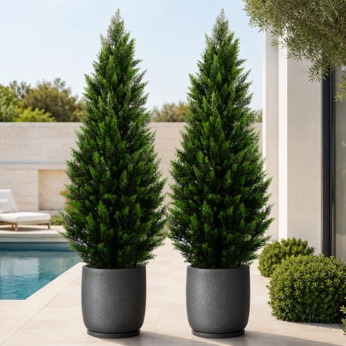 Artificial Topiary Cedar Trees 5FT Tall 2 Set, Outdoor Indoor Faux Pine Shrubs Plants, Realistic Fake Plants Front Porch Decor, Artificial Bushes Cypress for Home Front Door Offices - color: 2*pine Tree 5ft