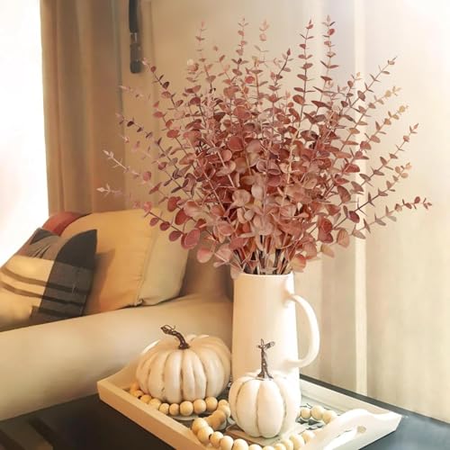 GnFlus 5 Pcs Artificial Eucalyptus Stems Fall Eucalyptus Leaves Autumn Leaf Branches Fall Decorations with Foam Fall Leaves for Home Floral Arrangement Autumn Festival Thanksgiving Decor Red - color: Orange Red