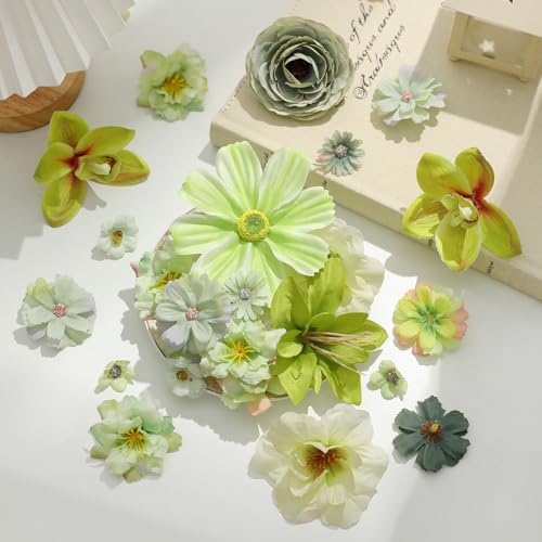 Fake Flower Heads Bulk - Green Silk Daisy & Rose Artificial Flower for Crafts, DIY, Graduation Cap, Wedding, Party, Cake Topper, Home Garland Decor - color: Green