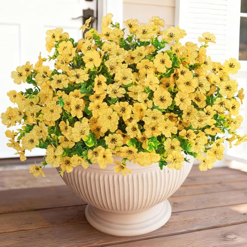 Bassion Artificial Flowers for Outdoors, 16 Bundles UV Resistant Fake Flowers Realistic Silk Faux Plants for Outdoor Planter Window Box Porch Patio Garden Home Outside Decorations - color: Yellow