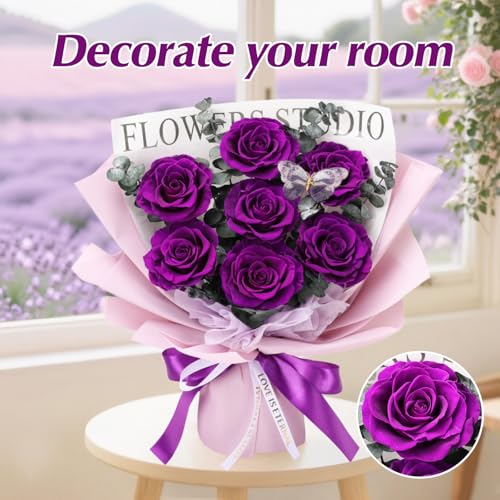 Casaido Preserved Flowers for Delivery, 7 Purple Roses Bouquet, Mothers Day Rose Gifts for Women, Valentines Rose Gifts for Mom Wife Girlfriend, Forever Real Flowers for Christmas Birthday Anniversary - color: Purple Rose