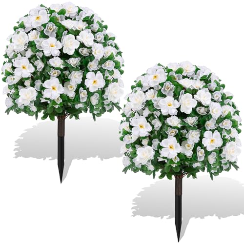 ENVEN Artificial Boxwood Topiary Ball Trees with Ground Spikes UV Resistant Faux Greenery Shrubs Fake Shrubs for Outdoors, Realistic Faux Plants Bushes for Garden Porch Yard Patio Decor (White) - color: White