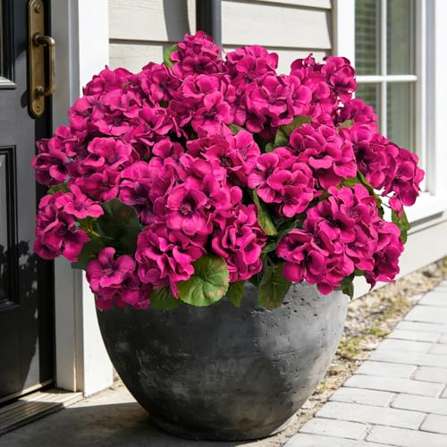 Roberly 6 Pcs Artificial Flowers for Outdoors, Fuchsia Fake Geranium Flowers UV Resistant Realistic Silk Faux Plants for Spring Summer Front Door Yard Window Box Indoor Home Decor - color: Fuchsia