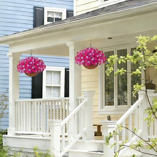 INSPRING Artificial Hanging Flowers for Outdoors Baskets Fake Plants Outdoor Decoration, UV Resistant Faux Silk Morning Glory in Planter Look Real for Outside Patio Porch Balcony Garden Home Decor - color: Mix Fuchsia
