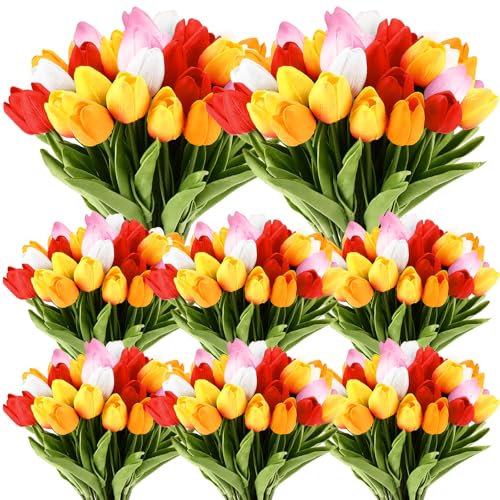 Janinka 75pcs Artificial Tulip Flowers Fake PU Tulips Faux Latex Bouquet Flower Centerpieces Arrangement Floral for Wedding Spring Decorations (1 Head,White,Red,Sunset Red,Pink,Gold) - color: White, Red, Sunset Red, Pink, Gold