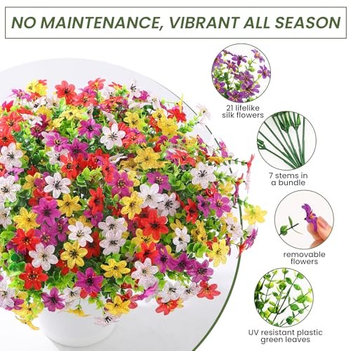 SHareconn 24 Bundles Artificial Flowers for Outdoors Decoration, Faux Plants Fake Silk Colorful Daisy Eucalyptus Lavender, UV Resistant for Outside Home Porch Patio Indoor Spring Decor, Mix 4 Colors - color: Redvioletyellowwhite
