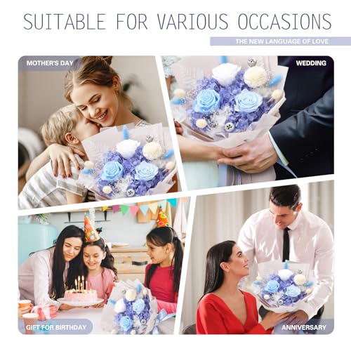 Casaido Preserved Flowers for Delivery, Mothers Day Blue Flower Bouquets with Necklace, Forever Real Roses Anniversary Birthday Valentines Day Christmas Rose Gifts for Women Mom Wife Girlfriend - color: Blue