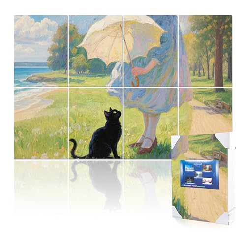 Mollywell Art Acoustic Panels, 48x32 in, Black Cat, Umbrella and Seaside | Self-Adhesive, Reduces Echo, Sound Absorbing, Modern Art Wall Decor, Living Room, Studio, Bedroom, Office - color: Black Cat, Umbrella and Seaside, size: 8 Pack Art