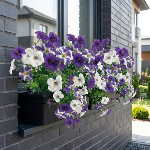 24 Bundles Artificial Flowers for Outdoors Fake Plants Spring Summer Decor, Realistic Fake Silk Flowers Colorful Morning Glory UV Resistant for Porch Outside Planter Porch Patio Yard (Purple-White) - color: White-purple, size: 24PCS