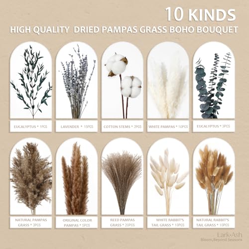Natural Dried Flower Bouquet – Pampas Grass, Cotton Stems, Bunny Tails Grass, Eucalyptus and Lavender for Western Boho Decor – Rustic Flowers for Your Bohemian Home, Bedroom, and Wedding Table Décor - size: Natural