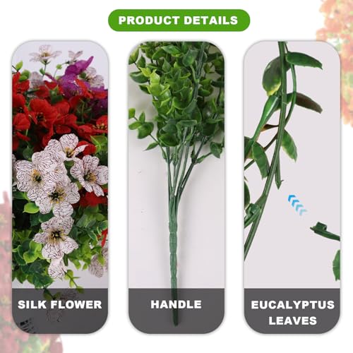 ADXORA 12 Bundles Artificial Flowers,Faux Plants for Spring Summer Decoration, UV Resistant Colorful Violets Eucalyptus for Outside Home Planter Porch Patio Yard Décor - color: Purple,red,orange,white