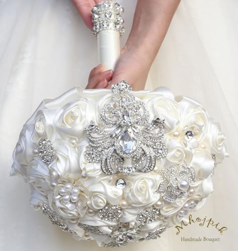 Bridal Wedding Bouquet Round Bling Brooch Bouquet Artificial Rose Flower Bunch for Bride Bridesmaid Wedding Quinceanera(Ivory, 9.8") - color: Ivory*, size: Large (Dia. 9.8"/25cm)