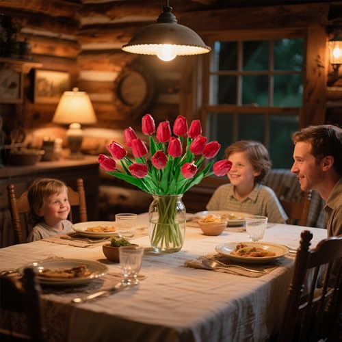 20pcs Red Tulips PU Artificial Tulips13 Inch for Mother's Day Easter Gifts in Home Kitchen Wedding Dining Table Decorations - color: Red