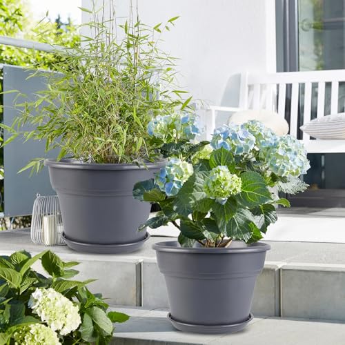Myfeegoin 16-inch-Plant-Pots, 4 Pack Large Planters for Outdoor Plants, Plastic Flower Pots Indoor with Drainage Holes & Trays, Classic Garden Pot Container for House - color: Gray, size: 16inch