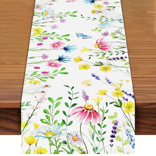 72 x 13 Inch Floral Spring Table Runner Decorations, Linen Wildflower and Butterfly Pattern Table Runner for Spring, Summer, and Mother’s Day Home Decor, Dining Table, Kitchen, Mantel, Wedding Party - style: Colonial