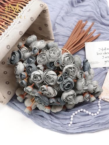 32Pcs Ranunculus Artificial Flowers, Dusty Blue Fake Peonies, Real Touch Silk Faux Mini Ranunculus Filler Flowers Bulk for DIY Wedding Bouquet, Vase Centerpieces, Bridal Shower Decor - color: Dusty Blue