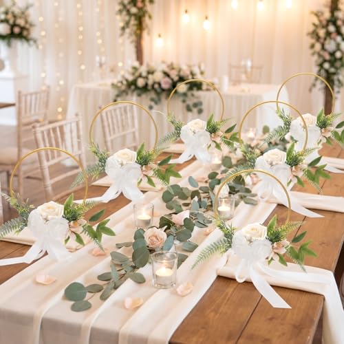 XunYee Set of 6 Bridesmaid Bouquets for Wedding 7.5 Inch Wedding Floral Hoop Wreath Artificial Flower Bouquet for Party Ceremony Anniversary Dinning Table Centerpieces Decor(Champagne,Elegance) - color: Champagne, style: Elegance