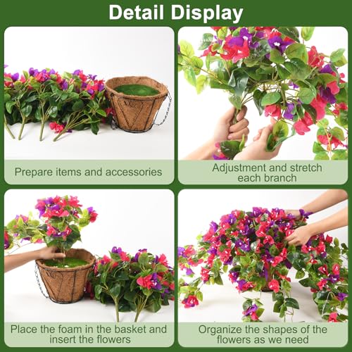 Homsunny Artificial Fake Hanging Flowers Plants Basket for Outdoor Decoration, Faux Silk Flower Bougainvillea Planter Look Real UV Resistant for Home Porch Patio Balcony Yard Spring Decor(Mix Pulple) - color: Mix Purple