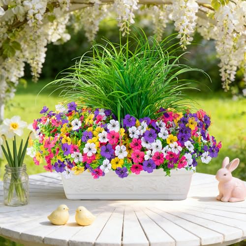 INQCMY Artificial Flowers for Outdoors UV Resistant, 14 Bundles Fake Plants Realistic Silk Flowers with Faux Ferns for Outside Planters Home Porch Patio Garden Back Yard Spring Summer Decoration - color: Deep Purple Rose Red White Yellow