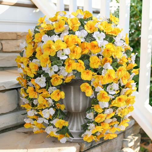Hibiscus Artificial Fake Hanging Flowers Plants for Outdoor Spring Decoration, 2PCS UV Resistant Faux Hibiscus Silk Flowers Realistic Look Real for Planters Outside Porch Patio Yard, Yellow White - color: A-yellow White, size: 2pcs