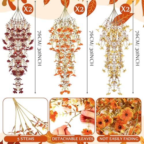 6 Pcs Fall Artificial Hanging Flowers Outdoor Faux Silk Mum Plant Decor Violet with Eucalyptus Realistic UV Resistant Trailing Vine Autumn Thanksgiving Porch Yard(Retro Color,Violet) - color: Retro Color,, style: Violet