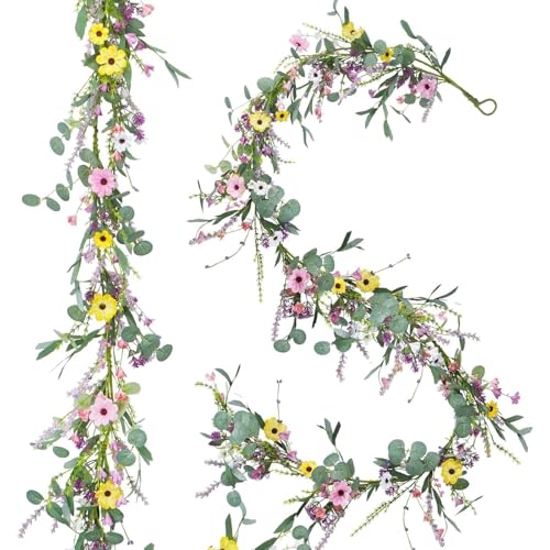 6.5FT Wildflower Daisy Garland Flower Garland with Daisy Lavender Faux Floral Vine Summer Spring Garland for Mantle Baby Shower Wedding Arch Front Door Porch Staircase Summer Spring Decor (1 Pcs)