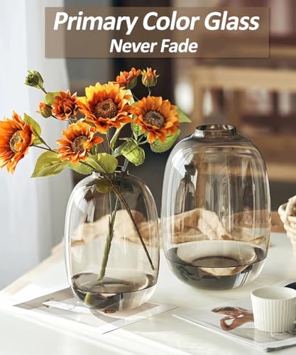 GeLive Brown Glass Vase Round Clear Colored Flower Vase for Centerpiece Long Stem Branch Fresh Artificial Plant Bottle Modern Home Indoor Decoration (Brown) - color: Brown