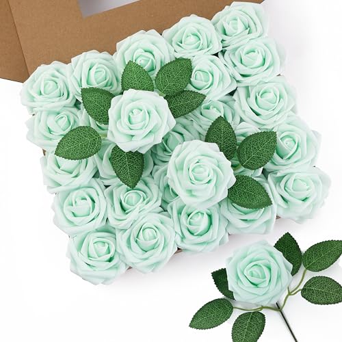 DuHouse 50Pcs Artificial Roses Flowers Fake Roses with Stems Real Touch Foam Flowers for DIY Wedding Bouquet Party Centerpiece Floral Arrangement Party Home Decor(Mint Green) - color: Mint Green, size: 50pcs